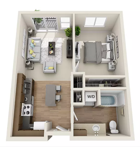 Floor plan for 1 bed, 1 bath, 696 sqft